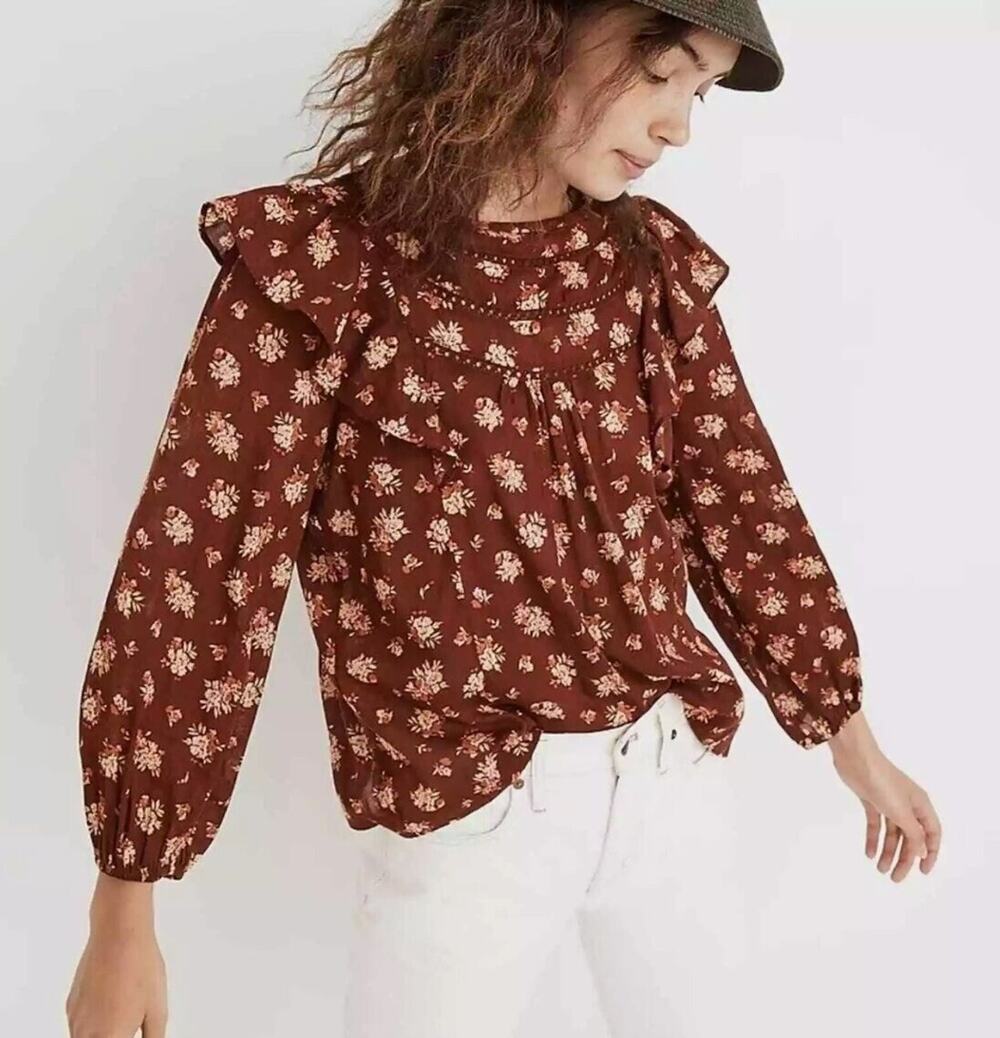 Madewell Sz M Ladder Trim Ruffle Top Homestead Bouquet Boho Cottage Blouse